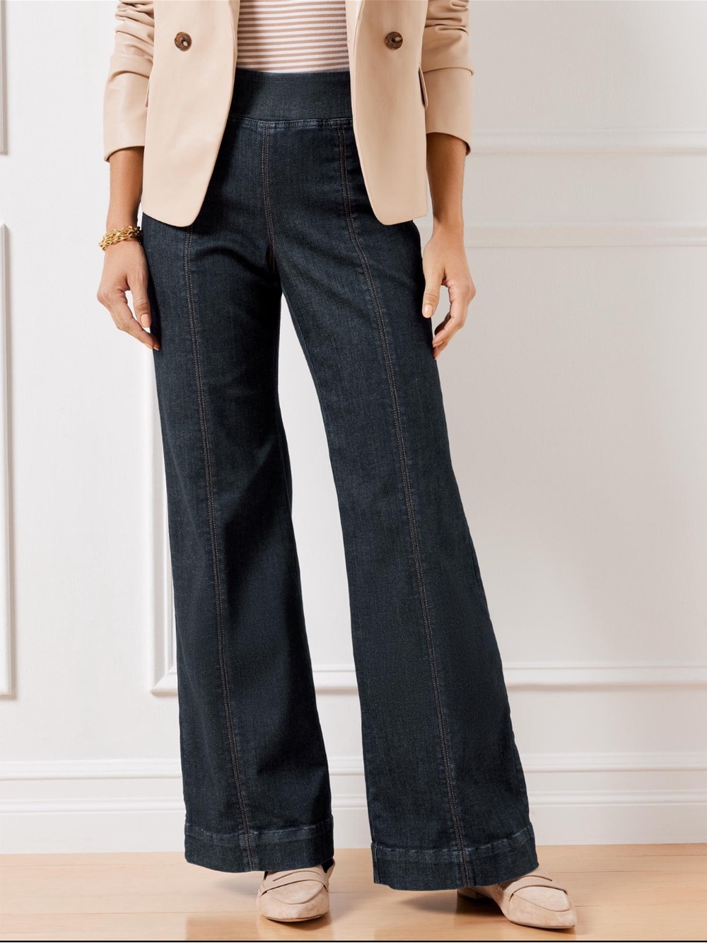 NWT Talbots Flare Leg Pull-On Travel Jeans Full Length Mid Rise Size L Dark Wash